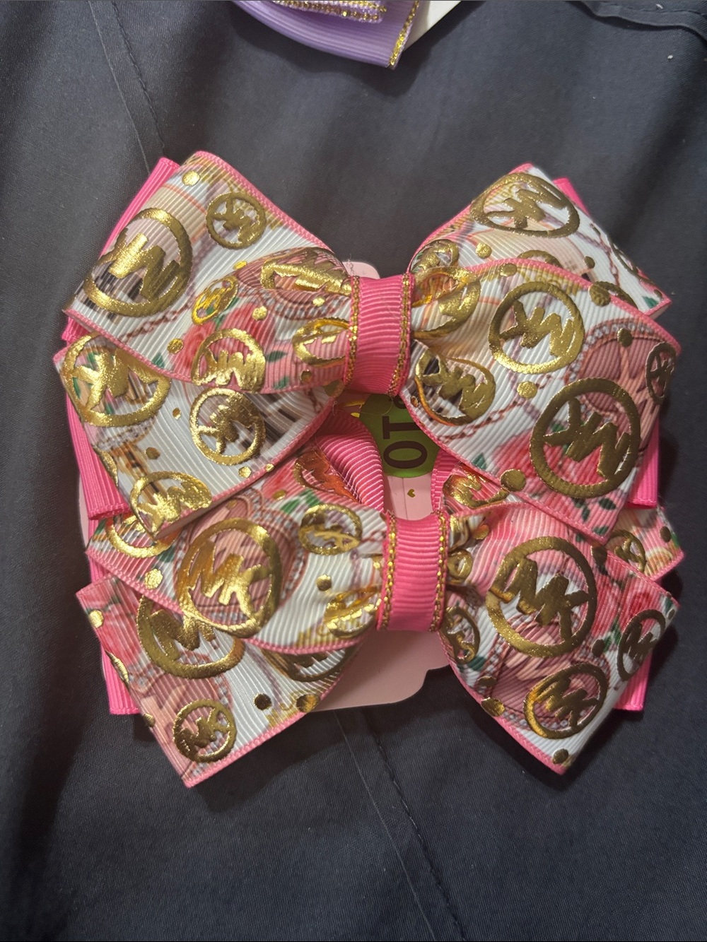 Girls Pink and White Bow Clips with Gold Accent